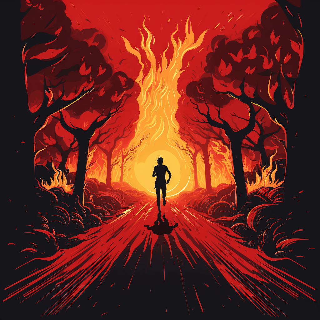 Man running road flames minimalistic