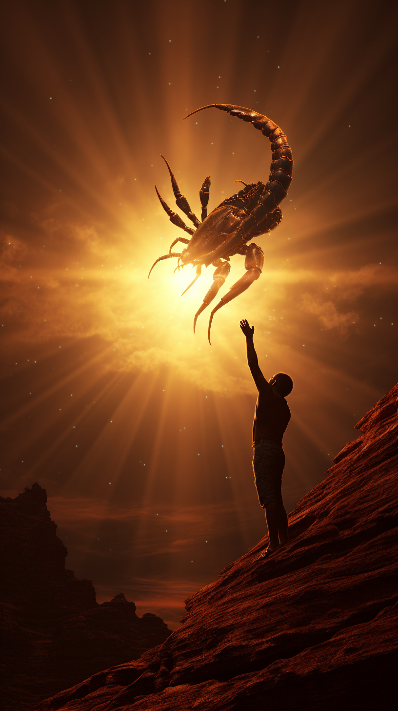 Man with Scorpion Tail Reaching Sun in Nature