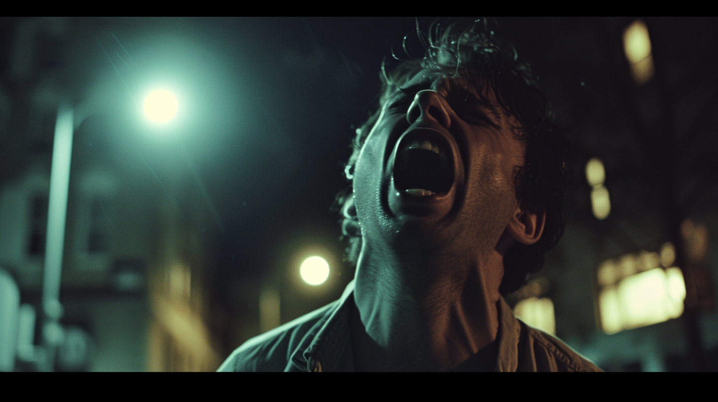 Man Screaming with Anger in Moonlit Night