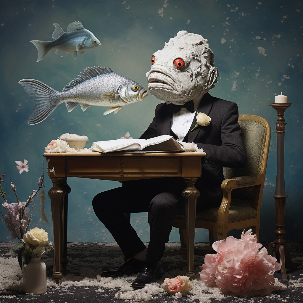 Man with Fish Head at Desk