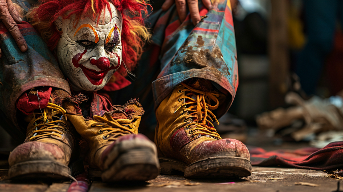 Man shining clown's enormous shoes