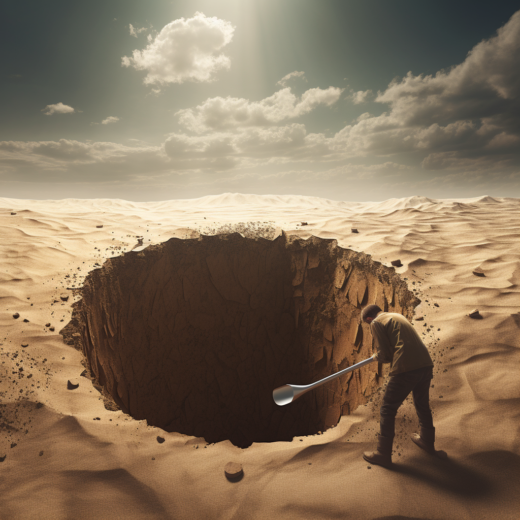 Man filling giant hole with sand