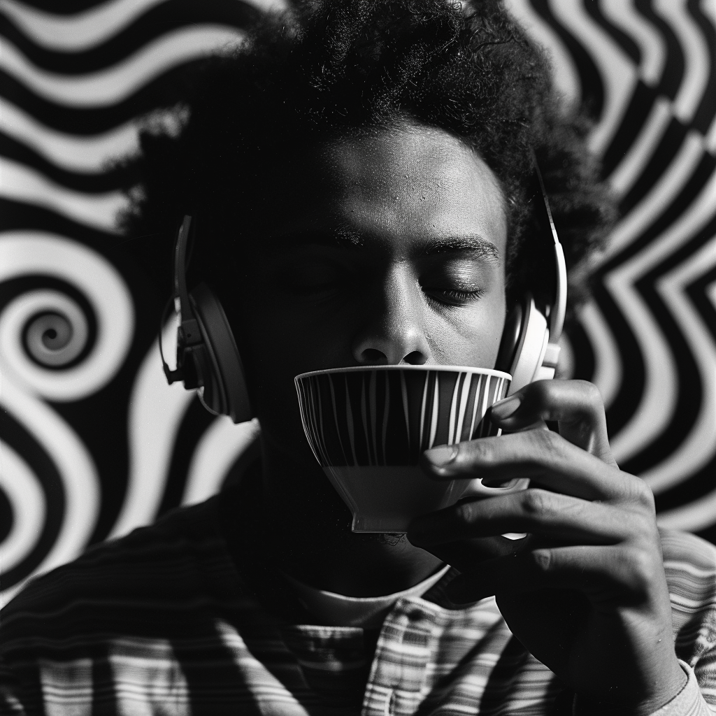 Young man enjoying coffee with headphones