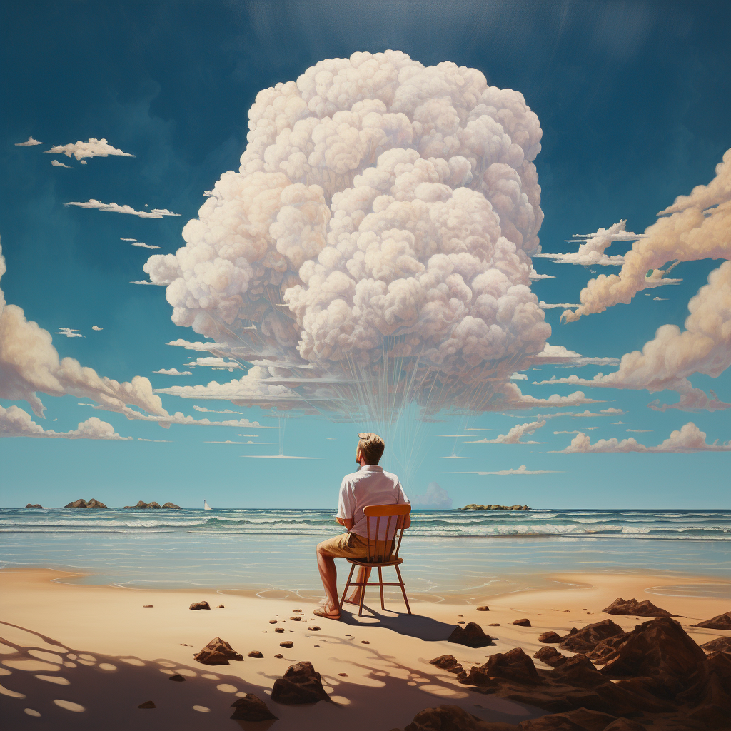 Man sitting on cloud looking at beach