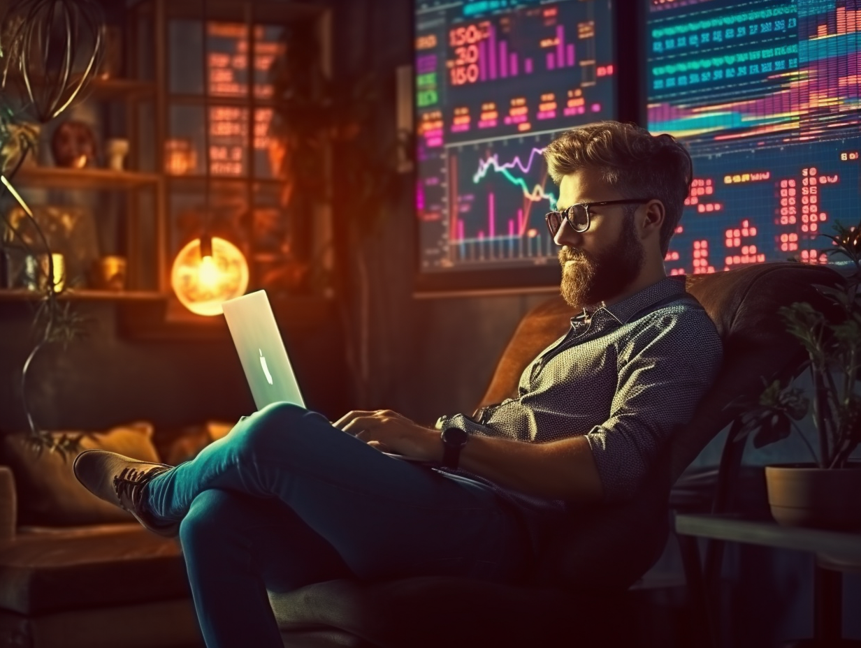 Man sitting on couch with laptop and world stock market trading concept