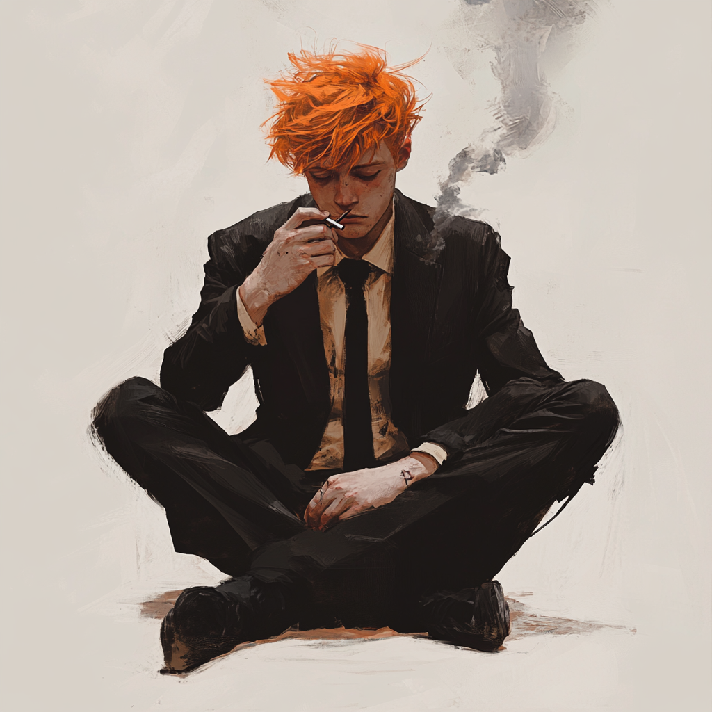 man sitting cross-legged with cigarette, orange hair, rough suit.