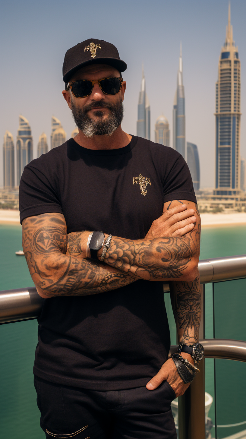 Stylish man with tattoos sitting at desk overlooking Dubai