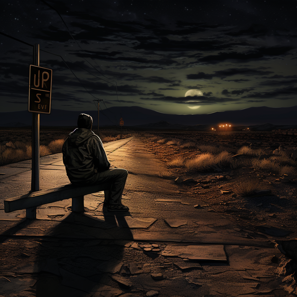 Man sitting on old bench by cracked road at night