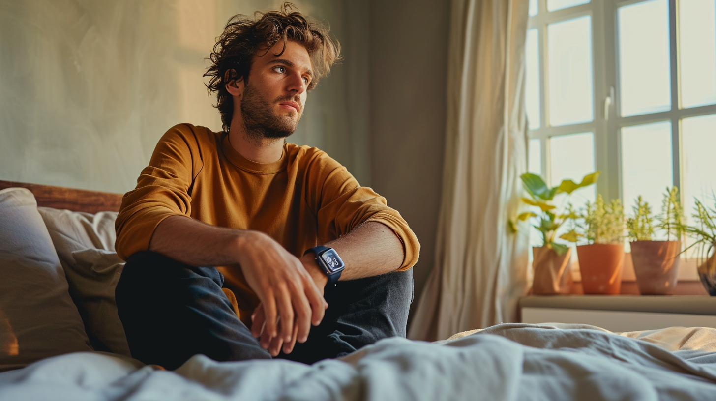 Man sitting on bed with open eyes and Apple Watch