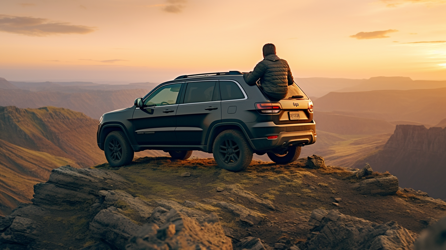 Man sitting on roof of black Grand Jeep Cherokee