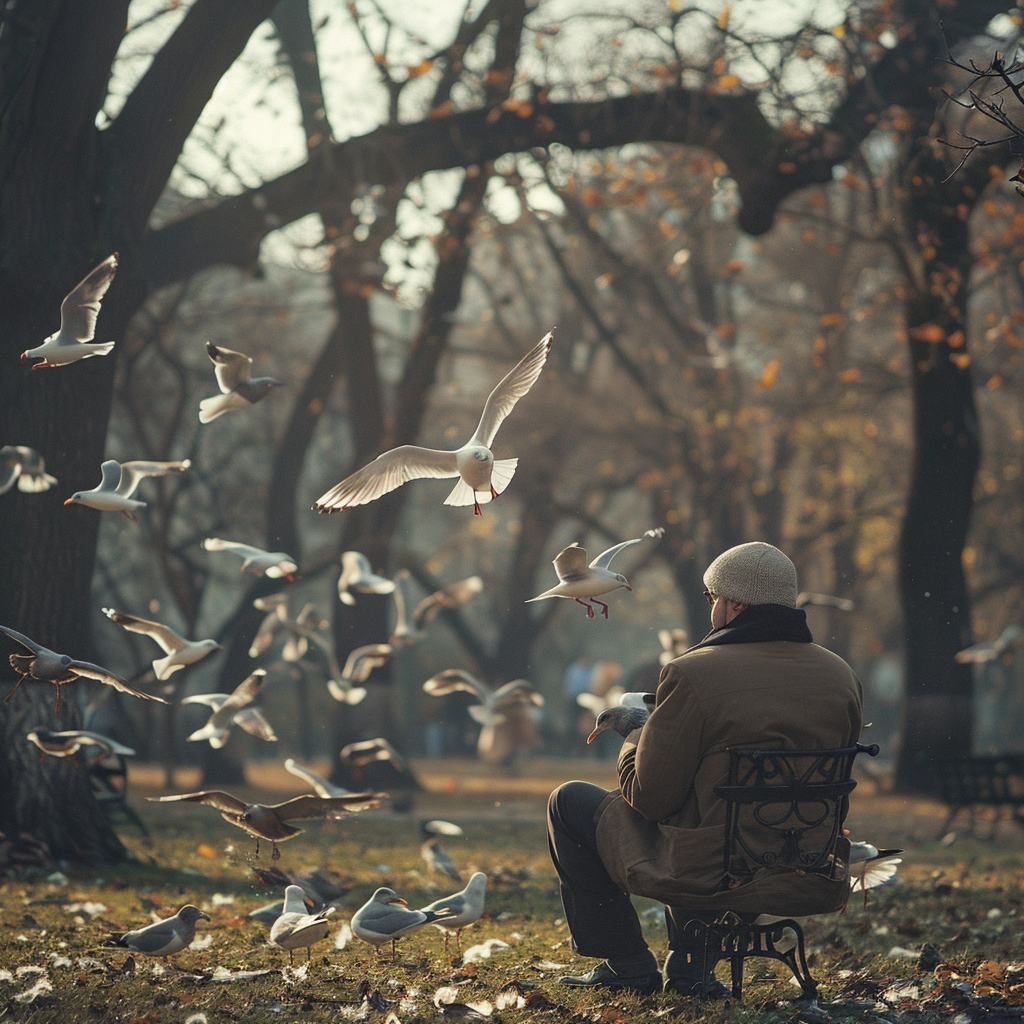 Man feeding seagulls in park