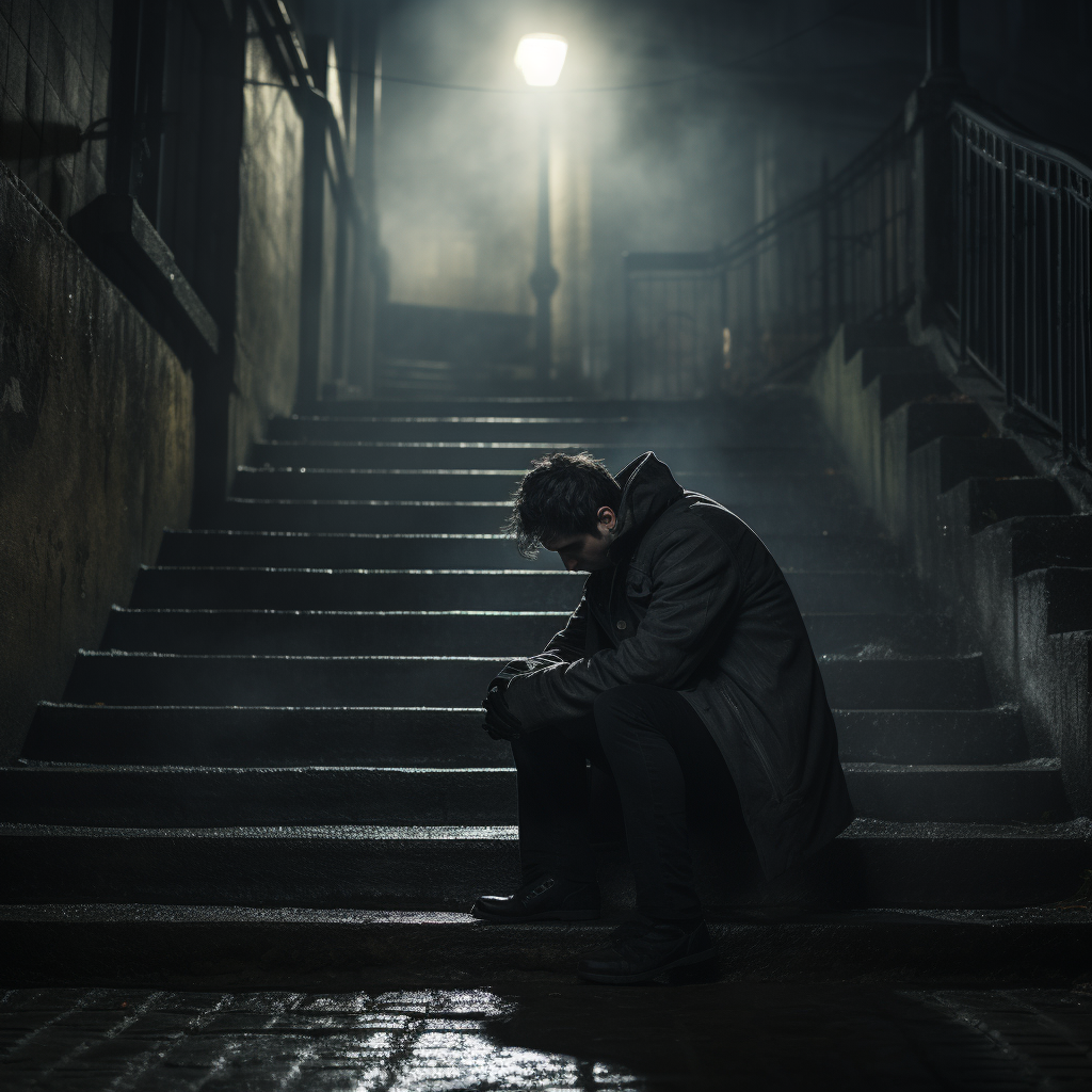 Man suffering silently on stairs