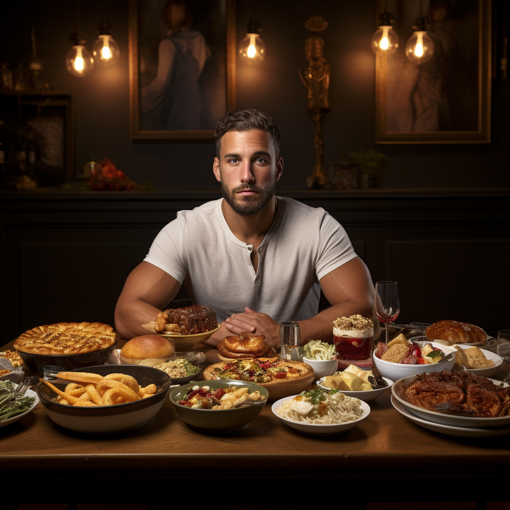 Man Sitting at Table with Food Photography