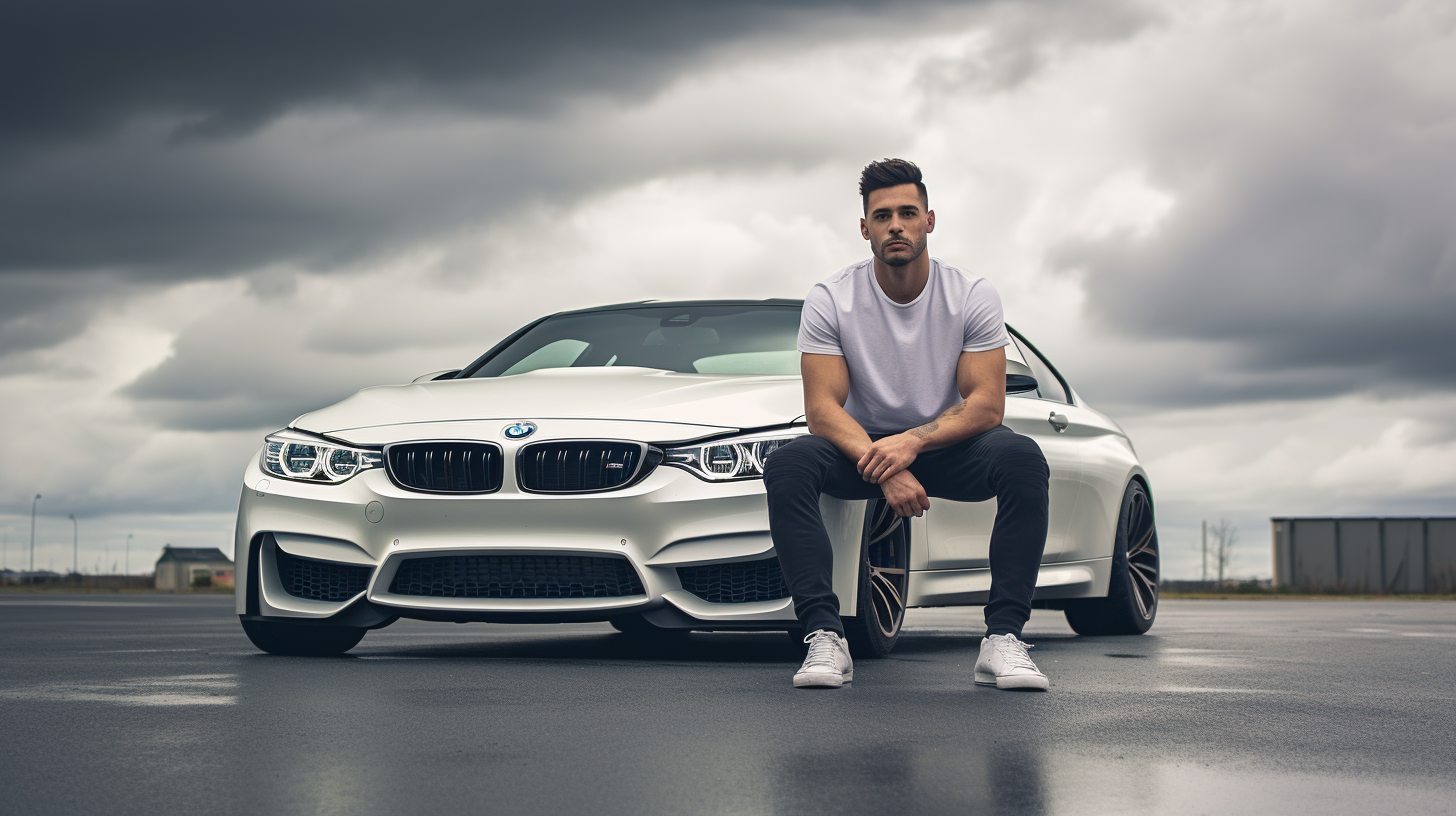 Man sitting in front of white BMW on cloudy day