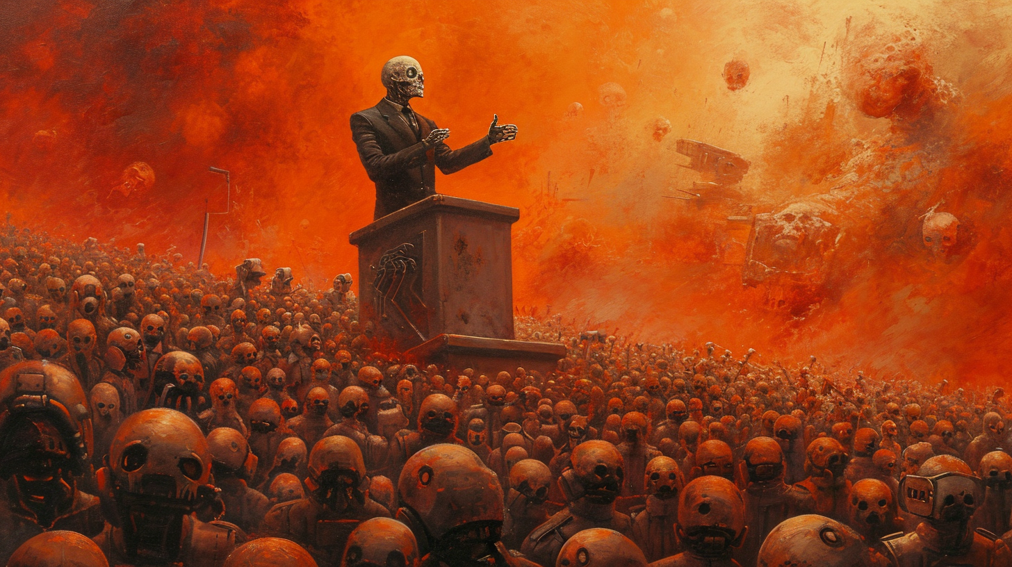 Man in Skull Mask addressing Robots Army