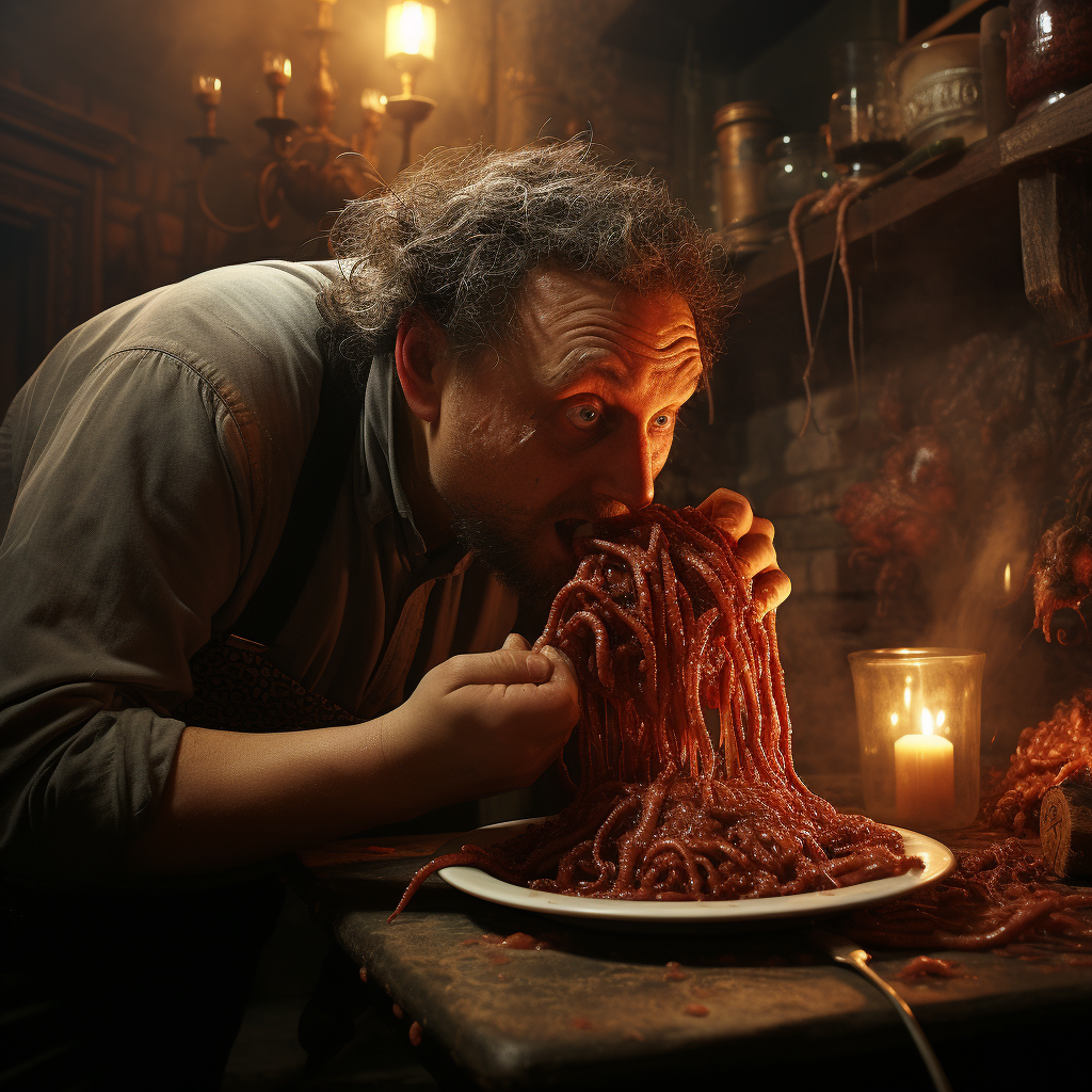 A man enjoying centipede spaghetti