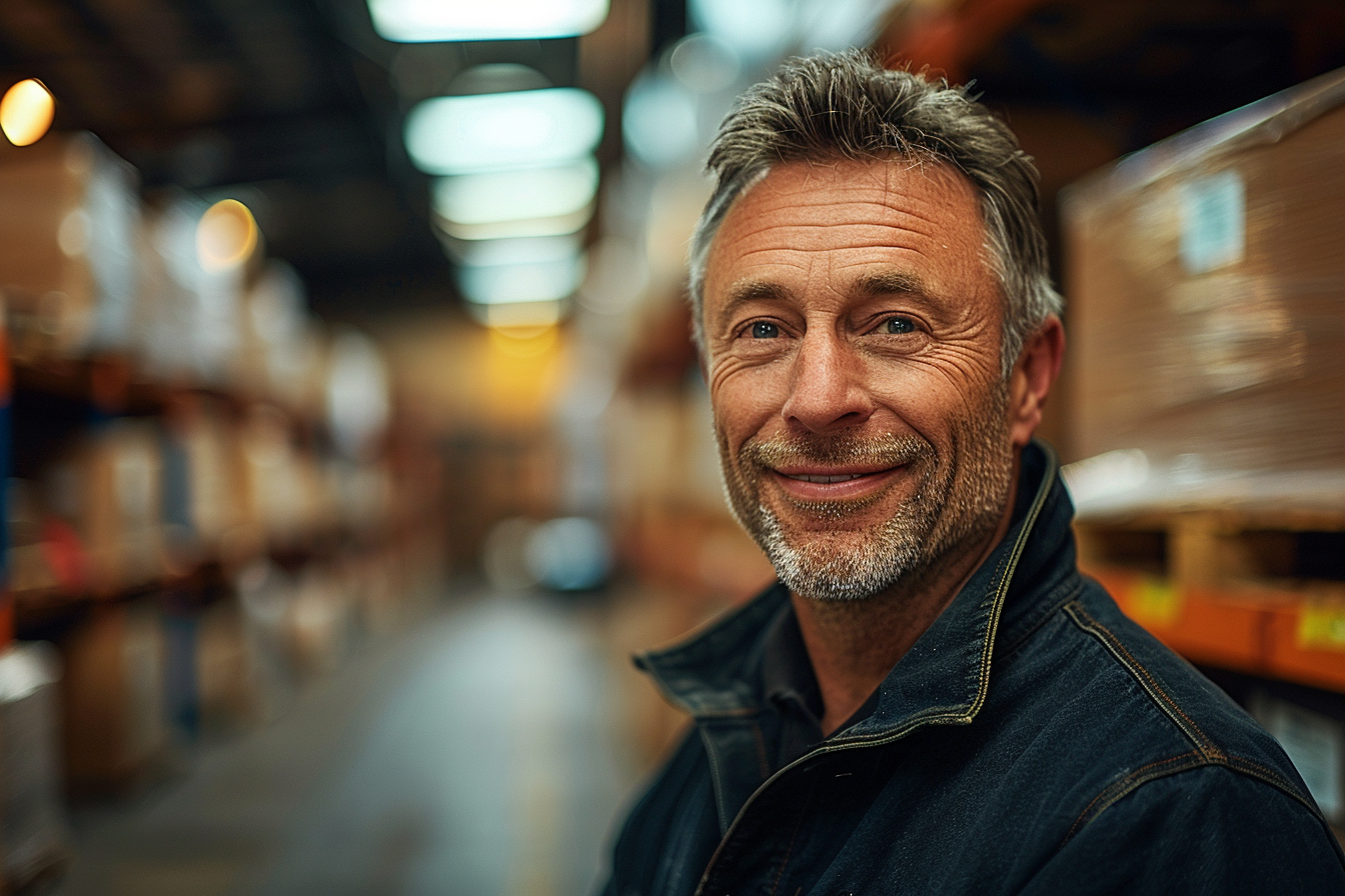 Man smiling in warehouse with car