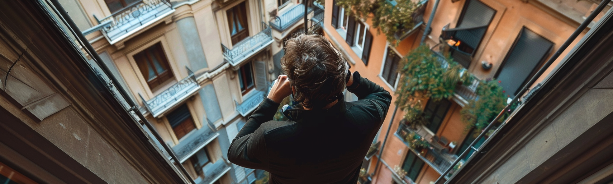 man smiling holding phone buildings