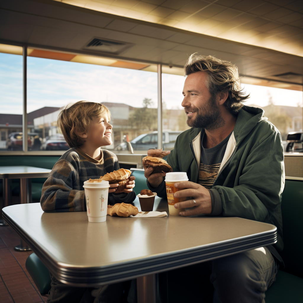 Father and Son Enjoying Breakfast at a Truck Stop