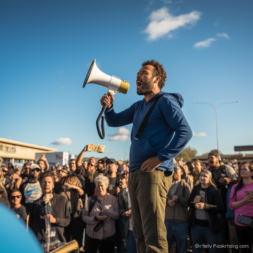 Man speaking to crowd with golden megaphone