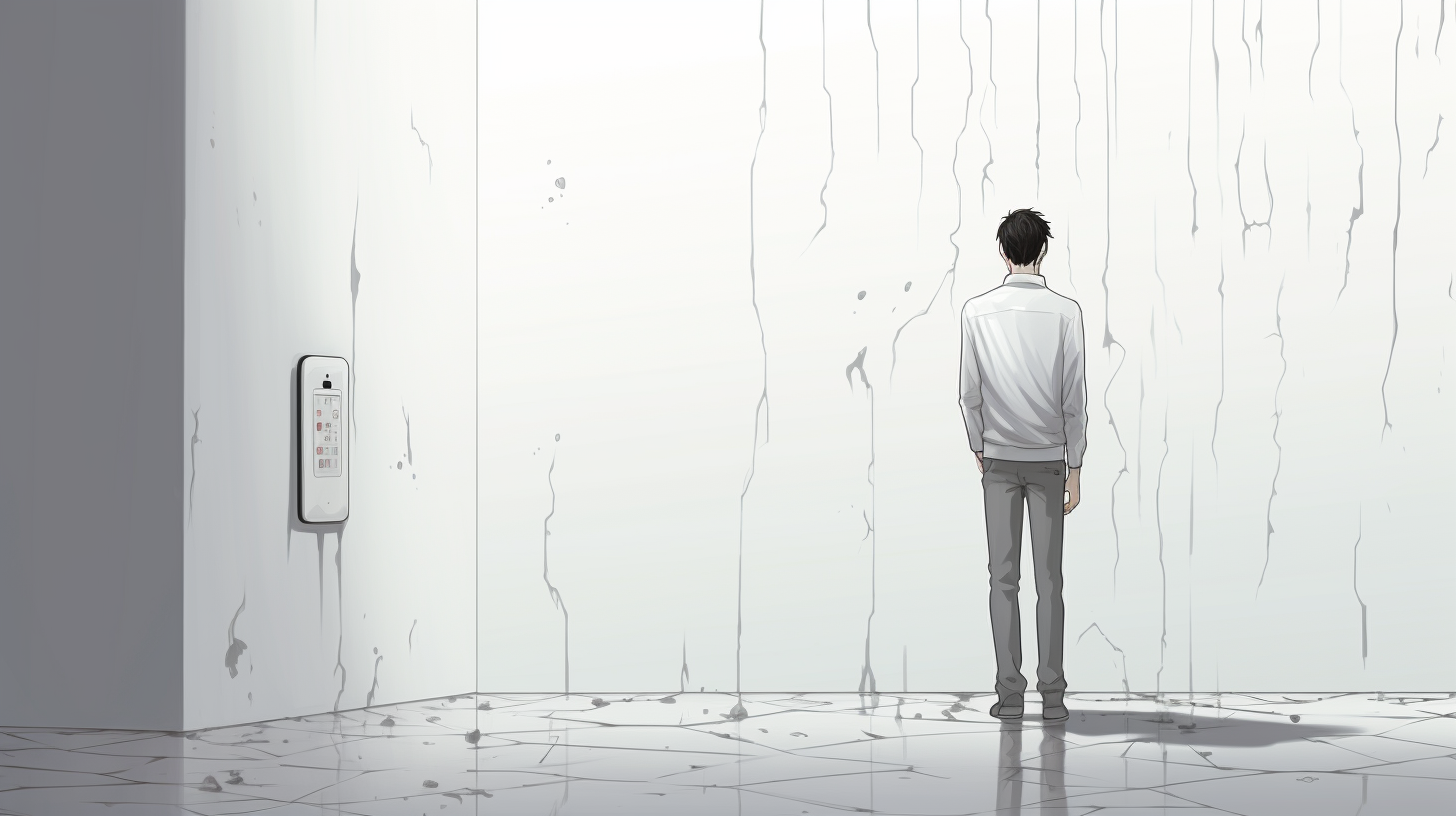 Image of a happy man standing alone in a white room with a broken phone