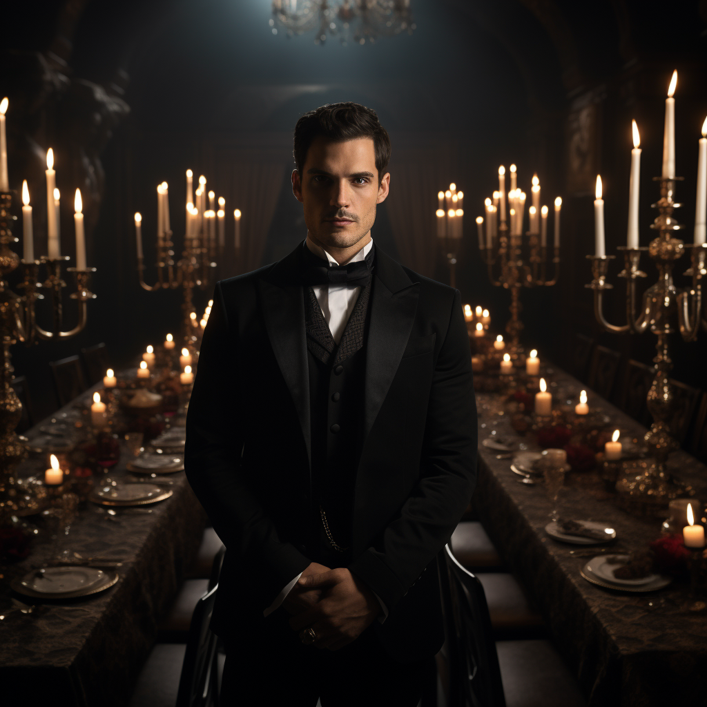 Man in black outfit at candlelit dinner table