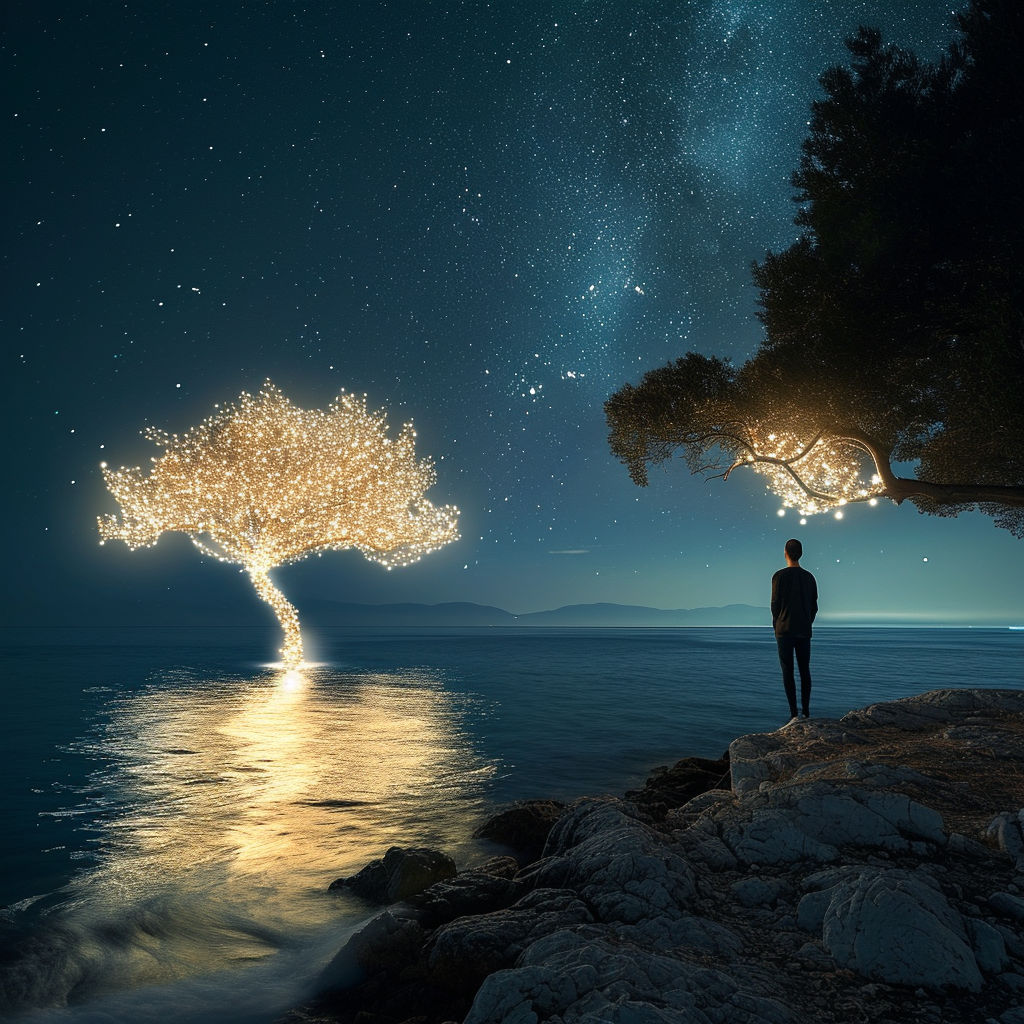 Man standing near light tree and ocean