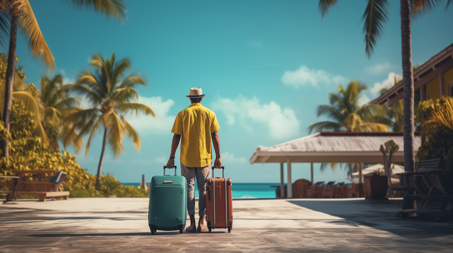 Man Standing with Luggage near Beach Resort