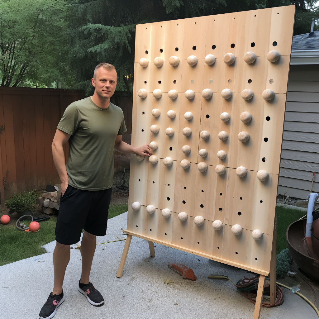 Man standing next to DIY Plinko board