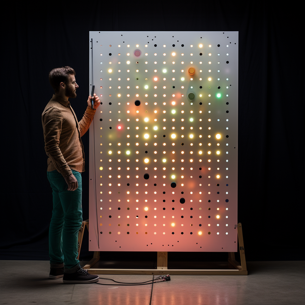 man with DIY plinko board