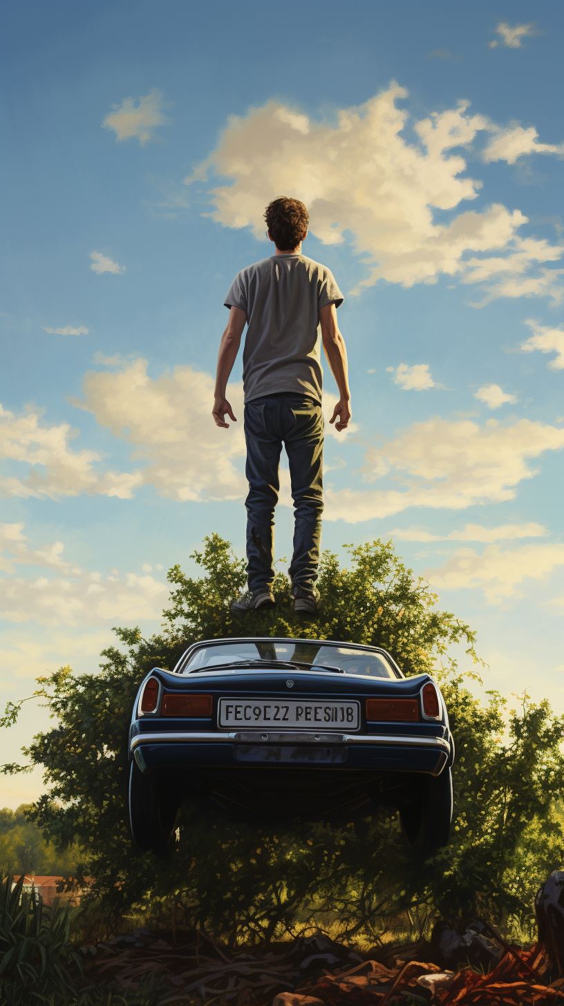 Man on Car Reaching High with Sunlight