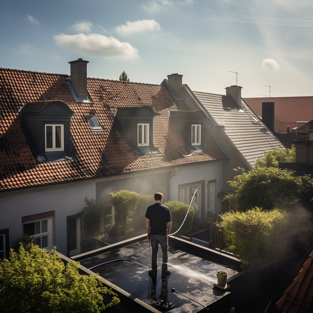 Man cleaning roof of Belgium house