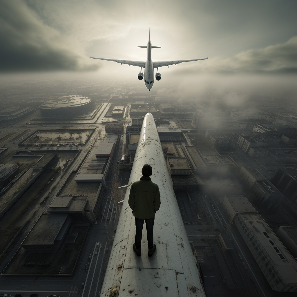 Man Standing on Tall Tower Roof with Airplane Below