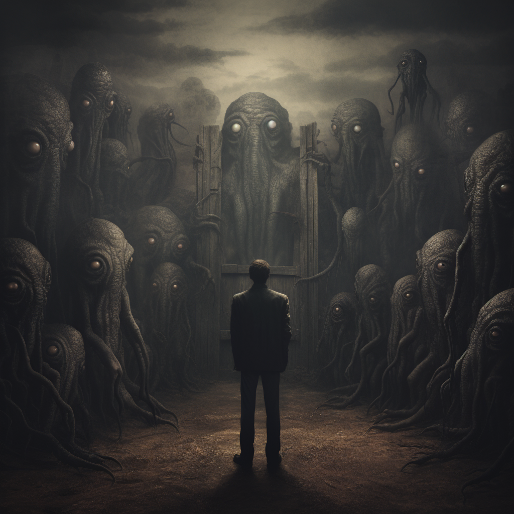 Man standing in silence with dark monsters