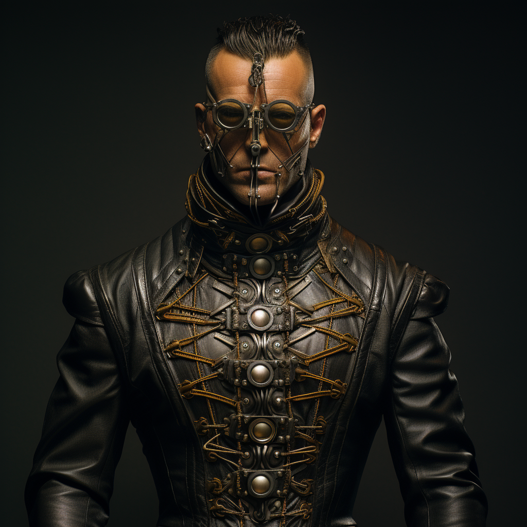 Man wearing detailed steampunk high collar shirt