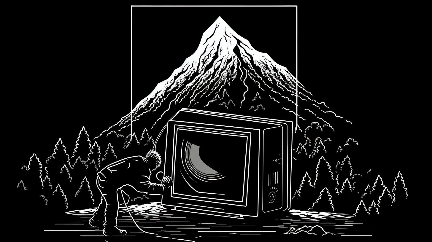 Black and white woodcut style illustration of a man pushing a 80s television up a mountain