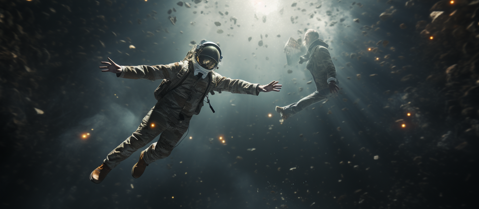 Man and Astronaut Floating in Space