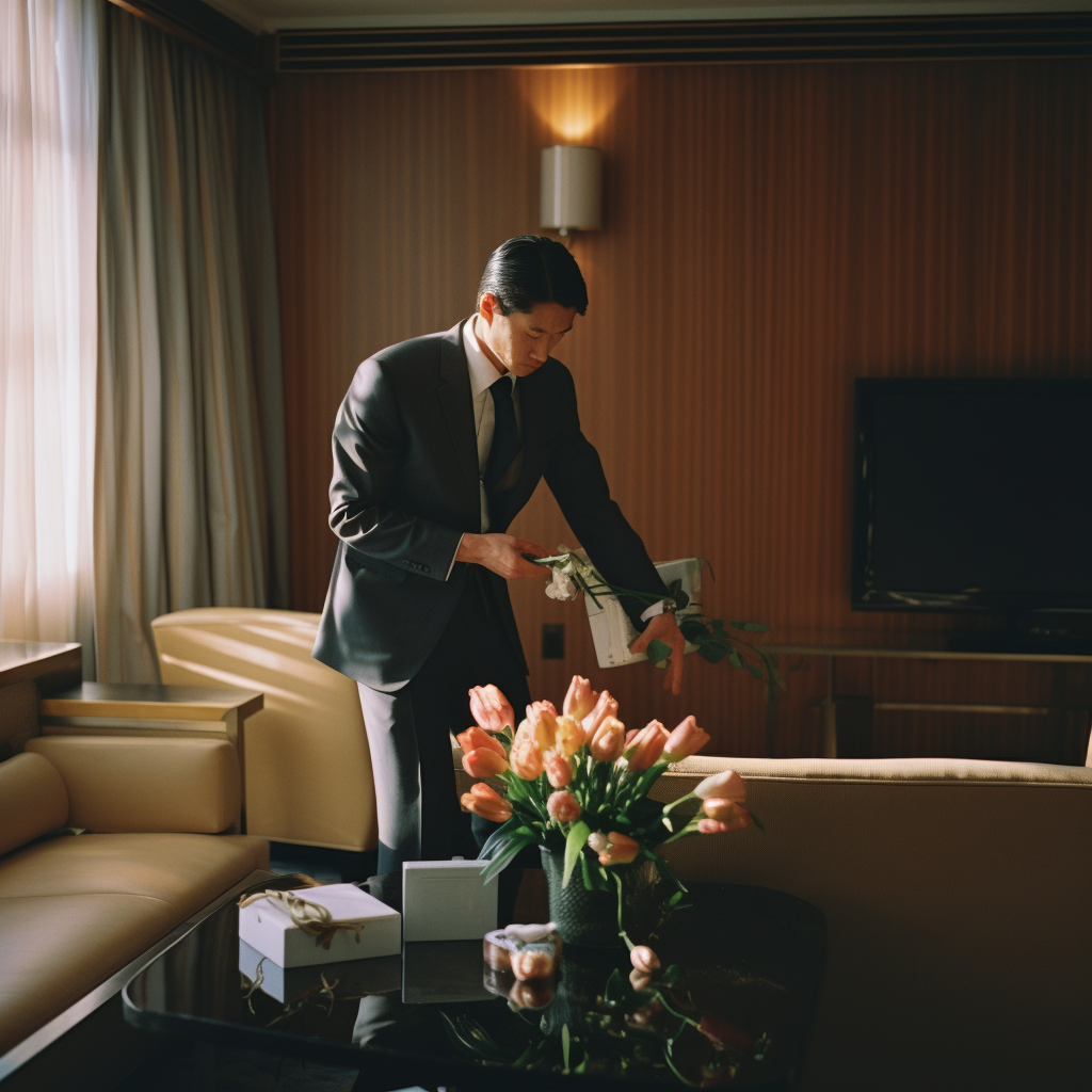 Man in Suit with Box in Hotel Suite