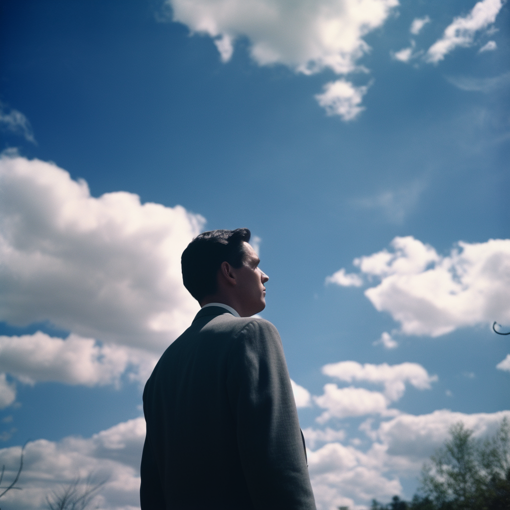 Man falling through blue sky and clouds