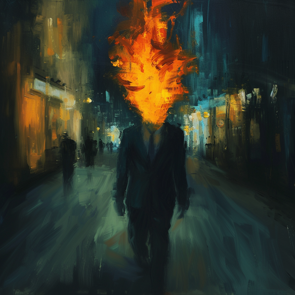 Man in Suit with Head on Fire