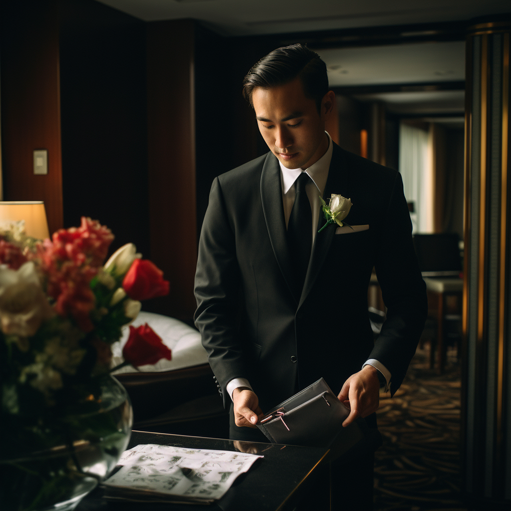 Man in suit putting box in pocket