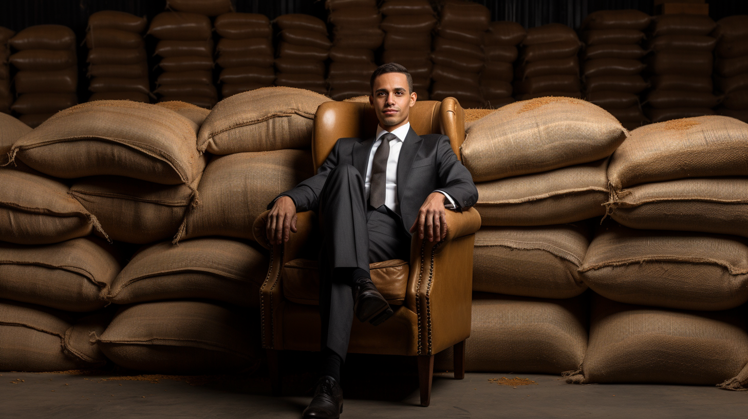 Man in Suit Seating on Chair with Rice Sacks