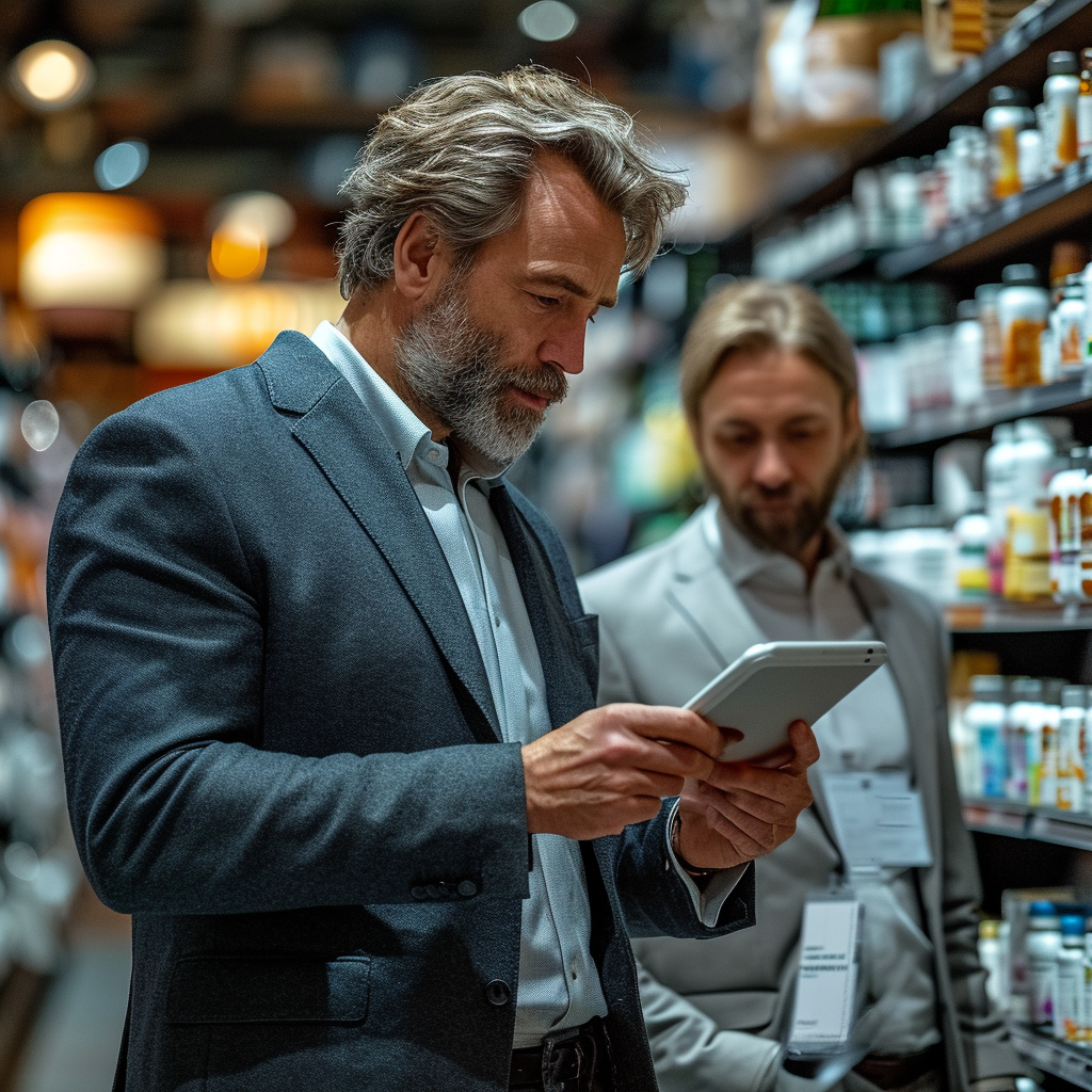 Man in suit showing iPad