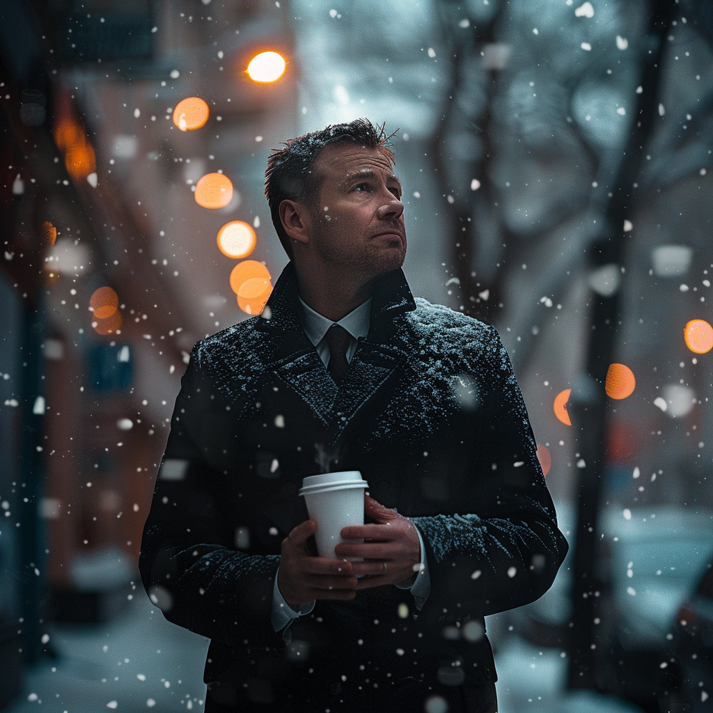 Man in Snow with Hot Coffee