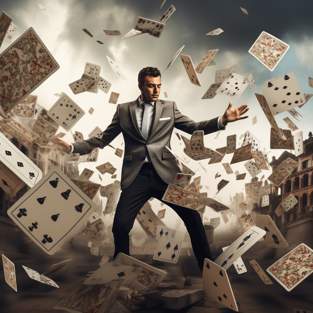 Man in Suit on Unstable Cards