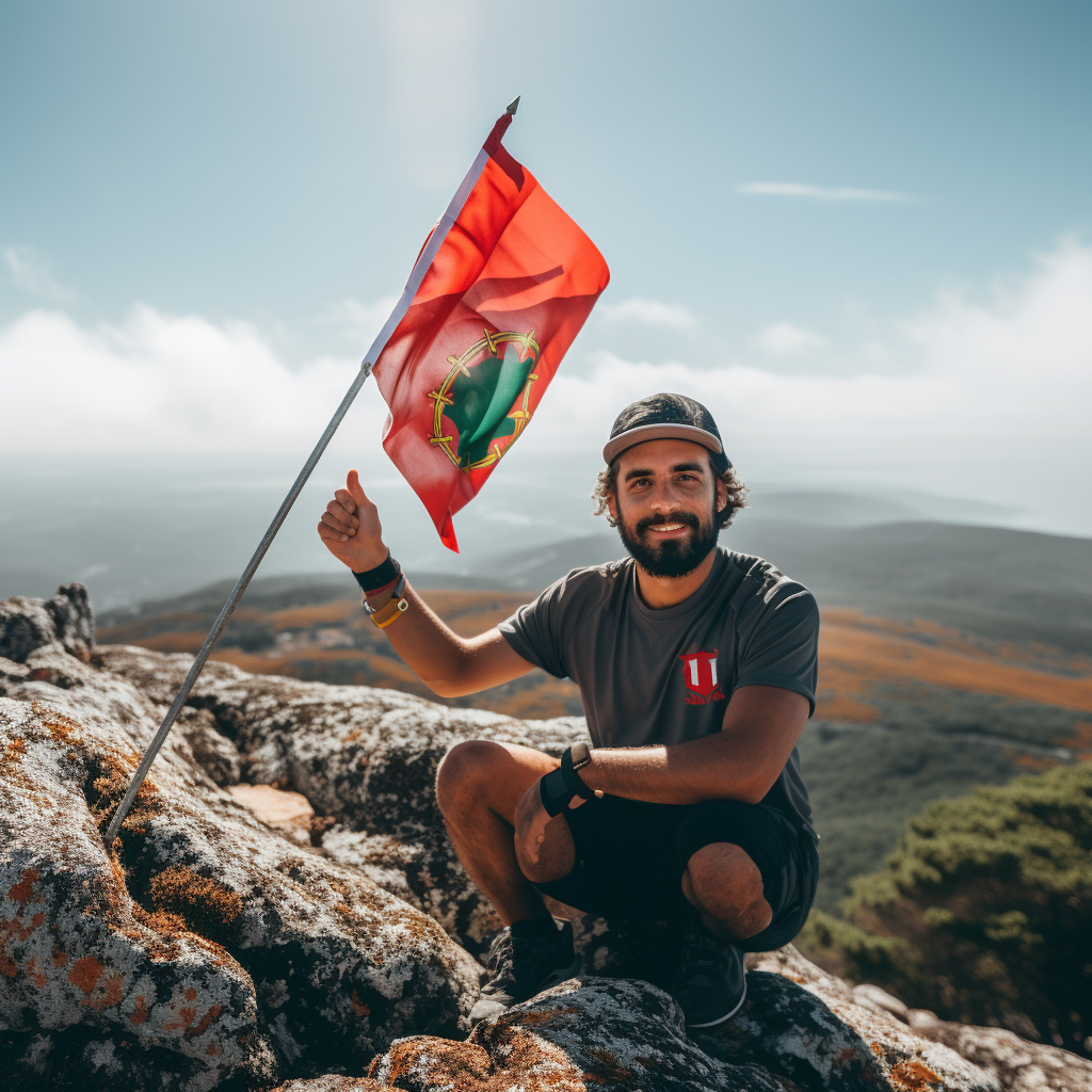 Man triumphantly holding Portugal flag on summit