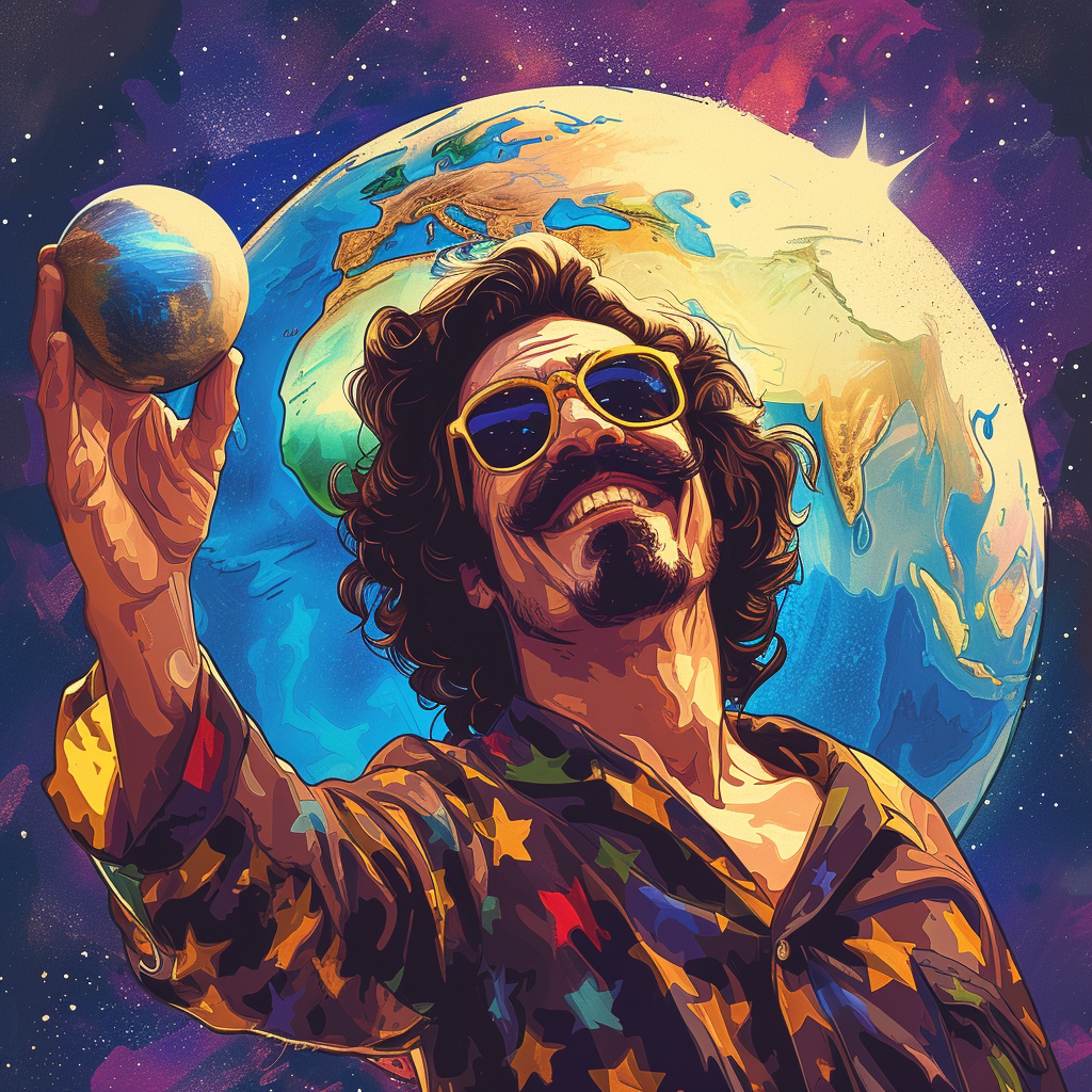 Man with sunglasses and black mustache holding Earth