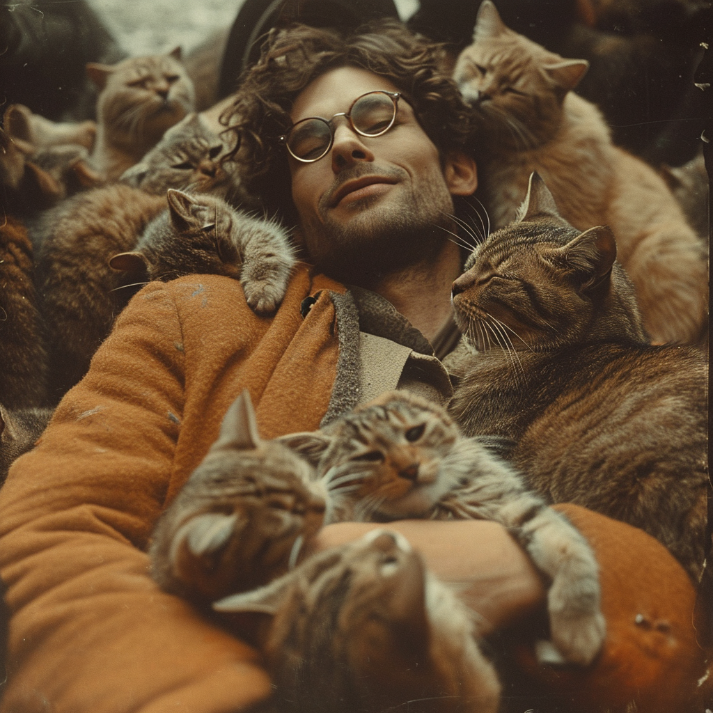 Man enjoying cuddles from many cats