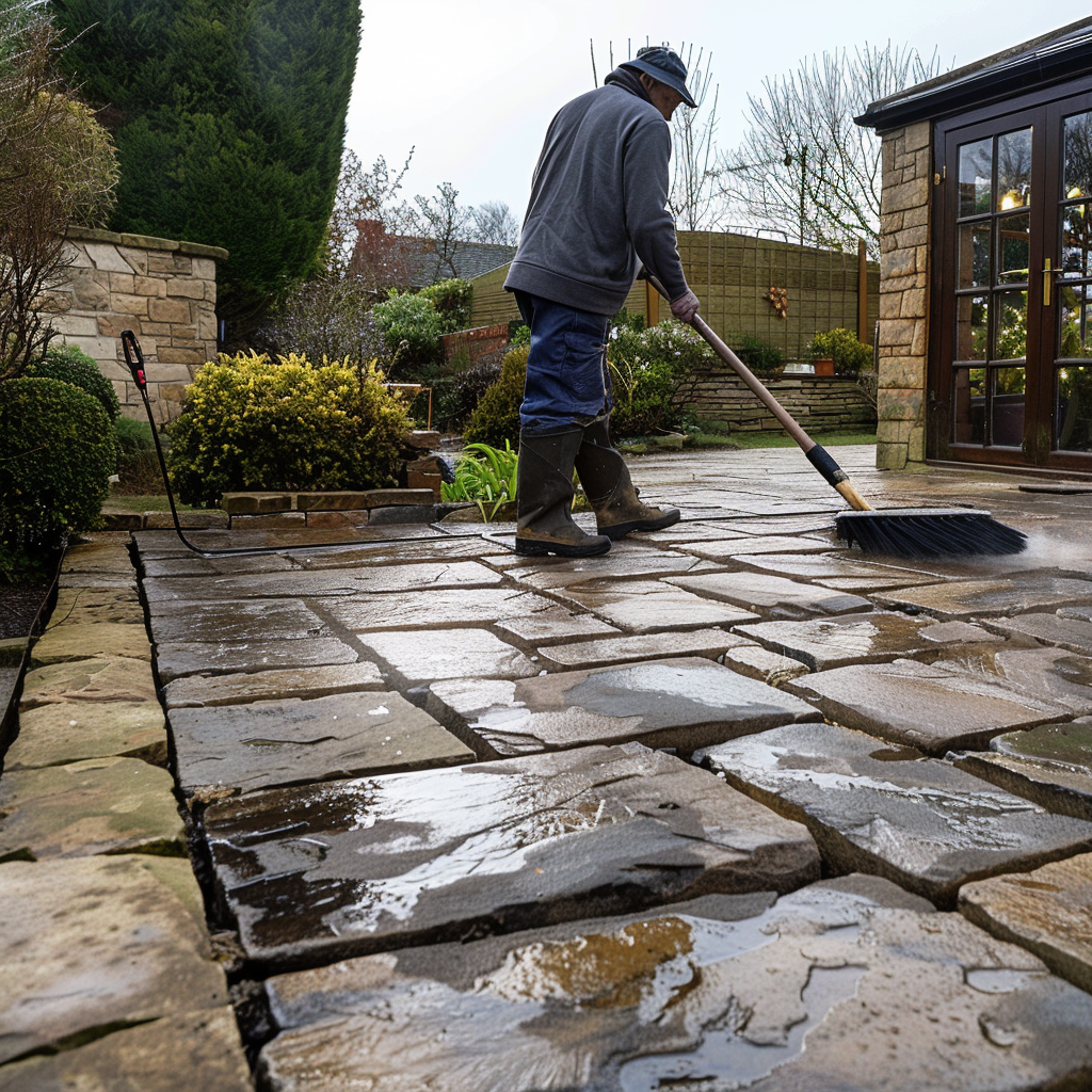 Man sweeping patio stones outdoors