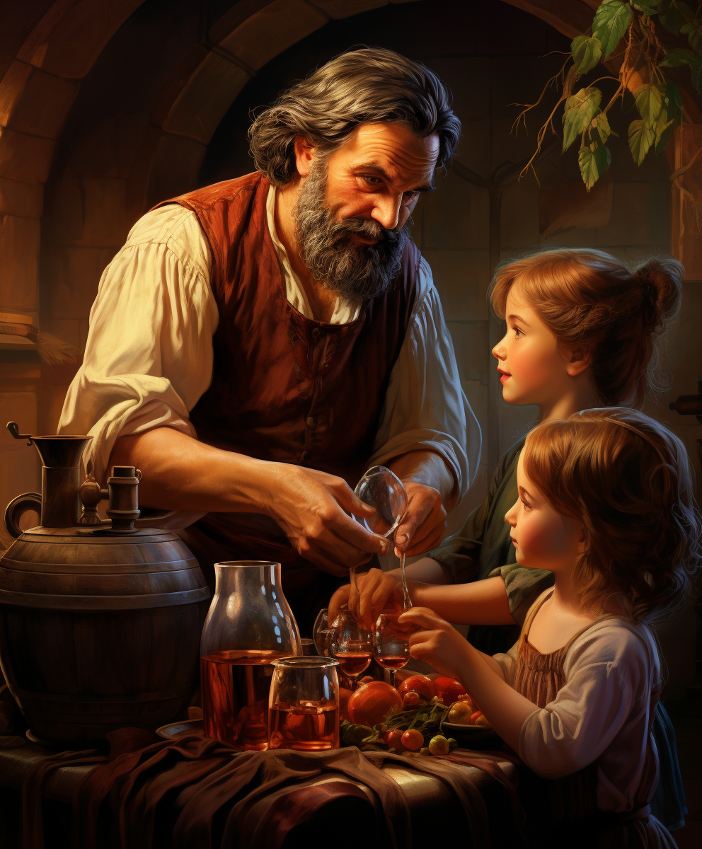 Father teaching children wine making process